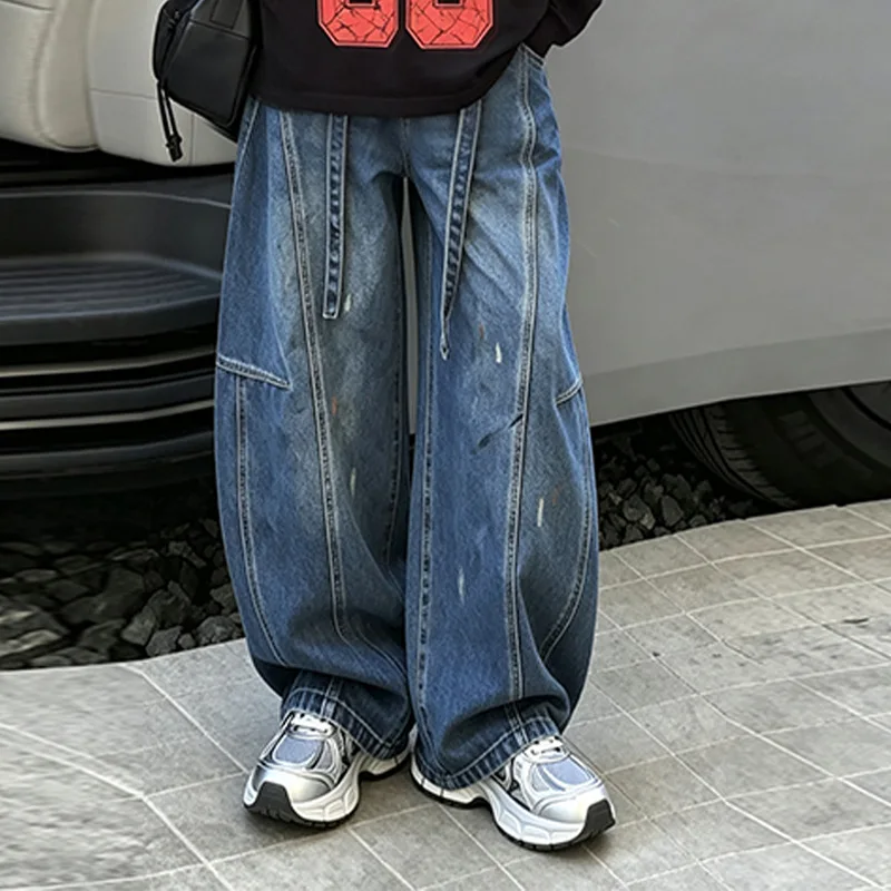 Girls Blue Painted Loose Casual Curved Jeans Kids Straight Leg Denim Pants Spring Autumn Children's Fashion Trousers for 4-15 Y