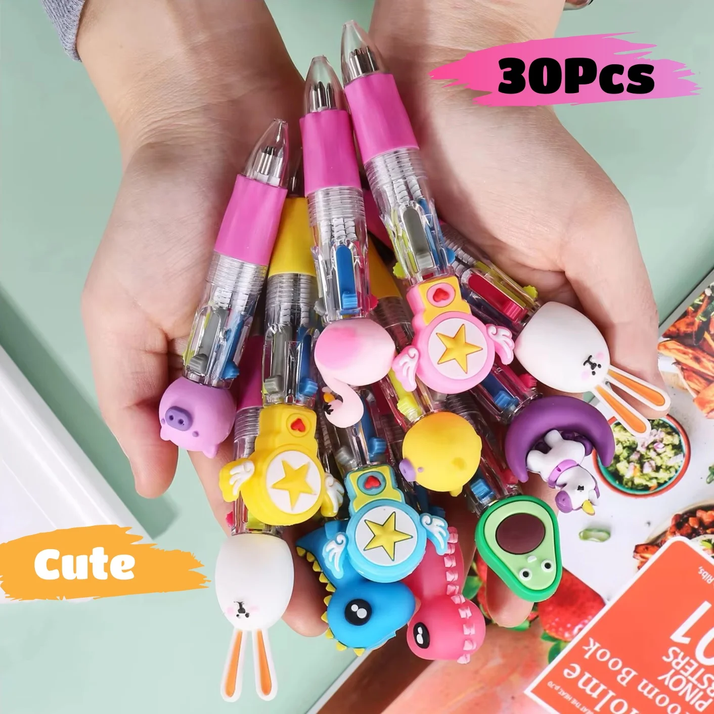 

30Pcs/Lot Kawaii Cartoon Mini Four-Color Ballpoint Pen Cute 4 Color Retractable Writing Pens Student School Office Stationery