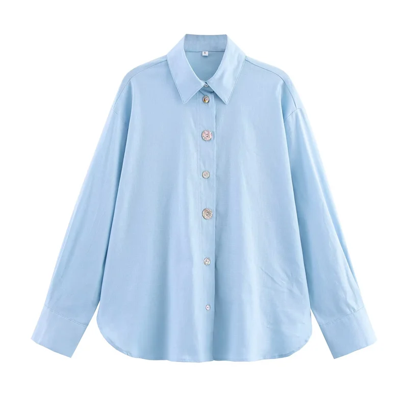 2025, dames nieuw shirt herfstmodel effen lange mouw gesplitste knop decoratie eenvoudige stijl shirt casual mode los