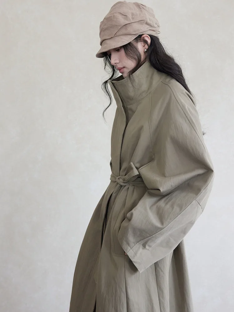 ZMEENNA Anmutiger Khaki-Trenchcoat mit hohem Kragen und Gürtel für Damen, schick, langärmelig, lockere Passform, Oberbekleidung, perfekt lässig, ZM3573