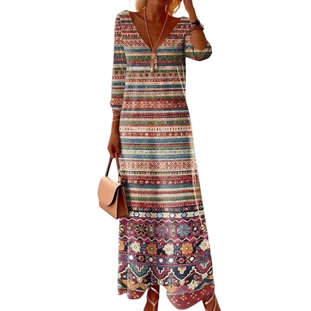 

Striped Dress Bohemian V Neck Maxi Dress for Women Retro Ethnic Print Long Sleeve A-line Striped Pullover Summer Style Striped