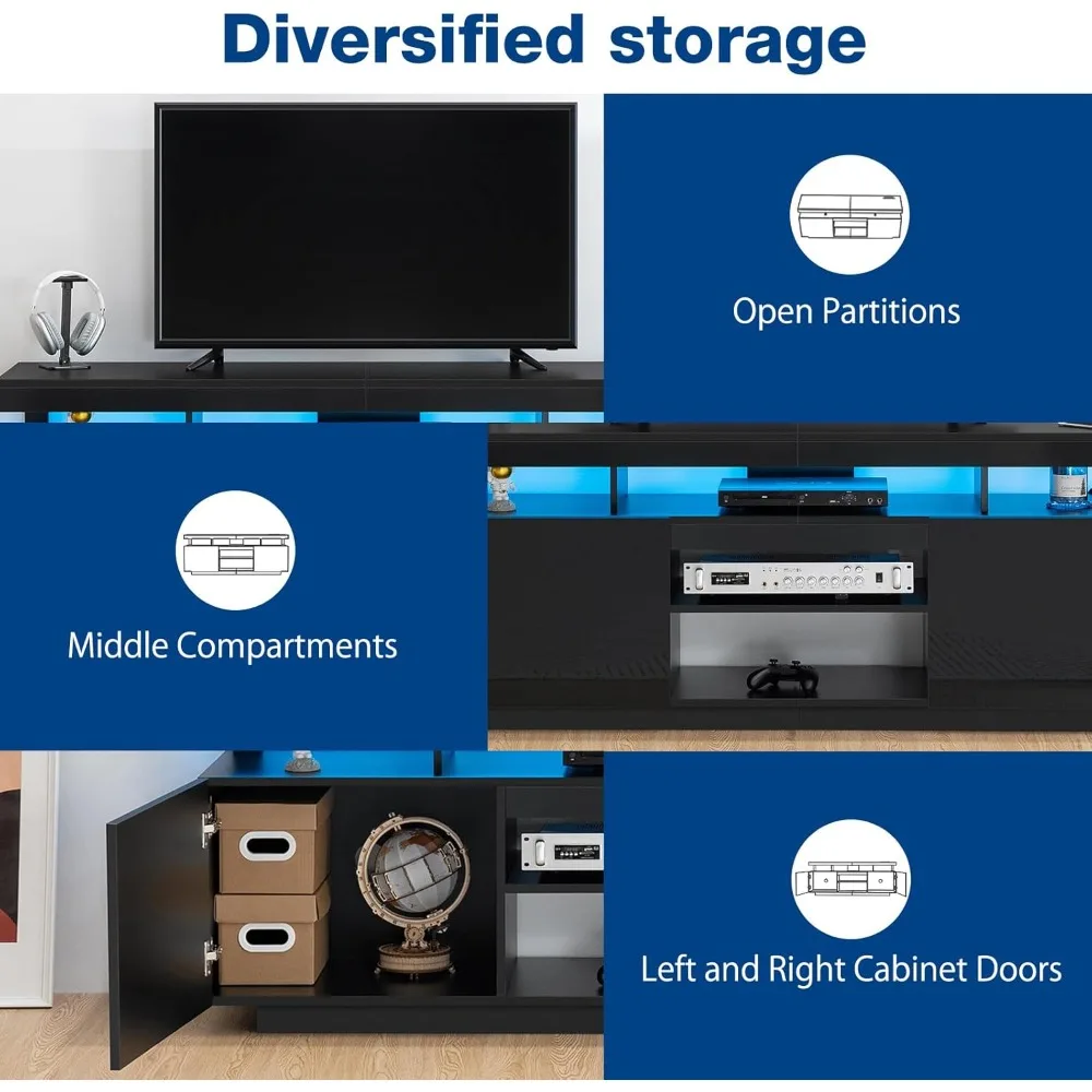 حامل تلفزيون LED 70 بوصة مع منافذ طاقة، مركز ترفيه حديث طويل القامة مع أضواء LED لغرفة المعيشة، 70 بوصة #5