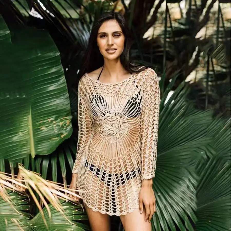 

Women Bohemian Crochet Cover Up Top Beach Vacation Wear Loose Semi Sheer Off Shoulder