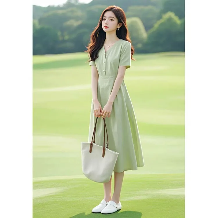 Ele een Cotton Lin Dr V-Ne High Waist A-Line Summer Dr Beach Vaion ort Sve Zipper Closure Mid-Length