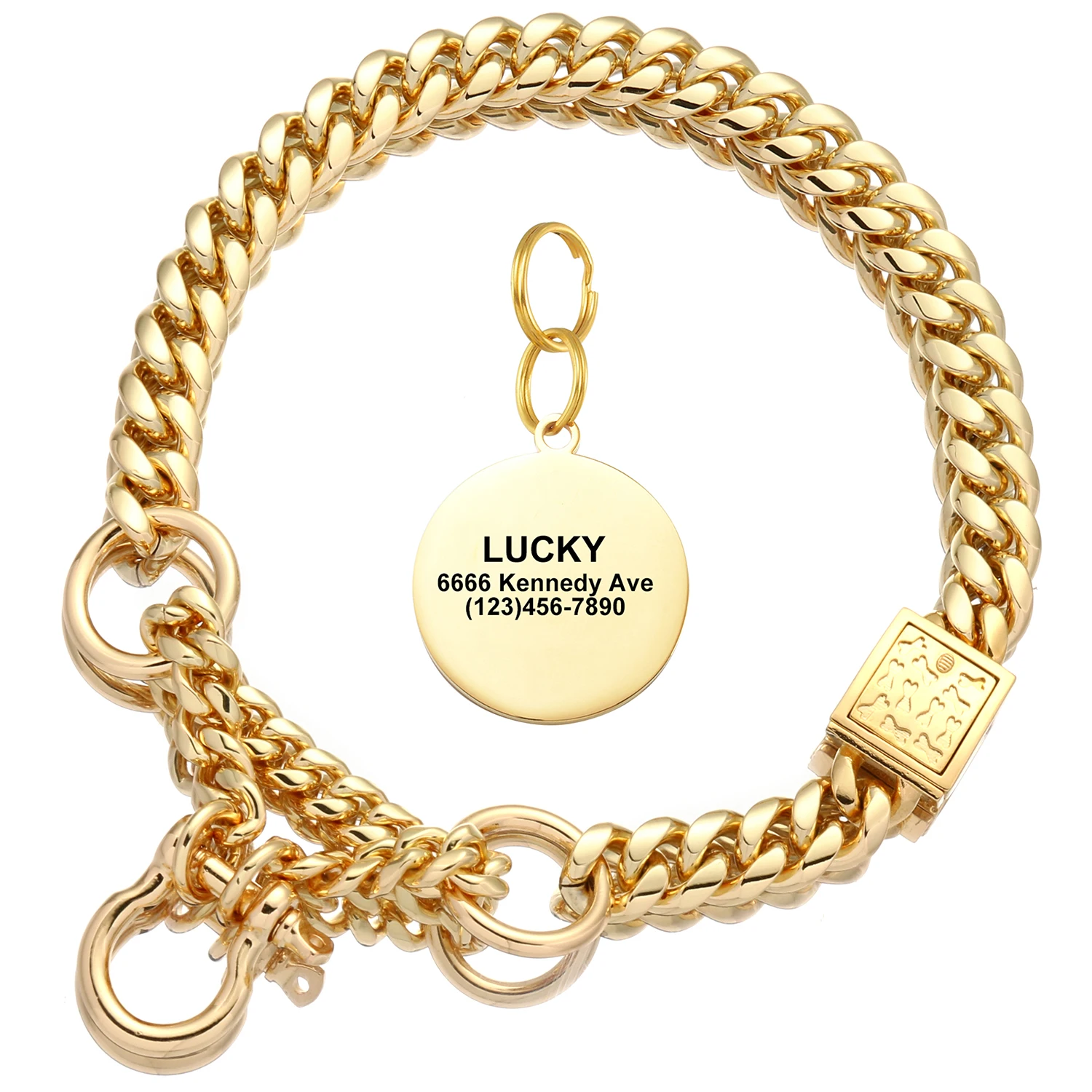 

15MM Gold Color Dog Chain Collar Metal Martingale Choke With Design Secure Buckle Cuban Link Strong Chew with Personalized Tag