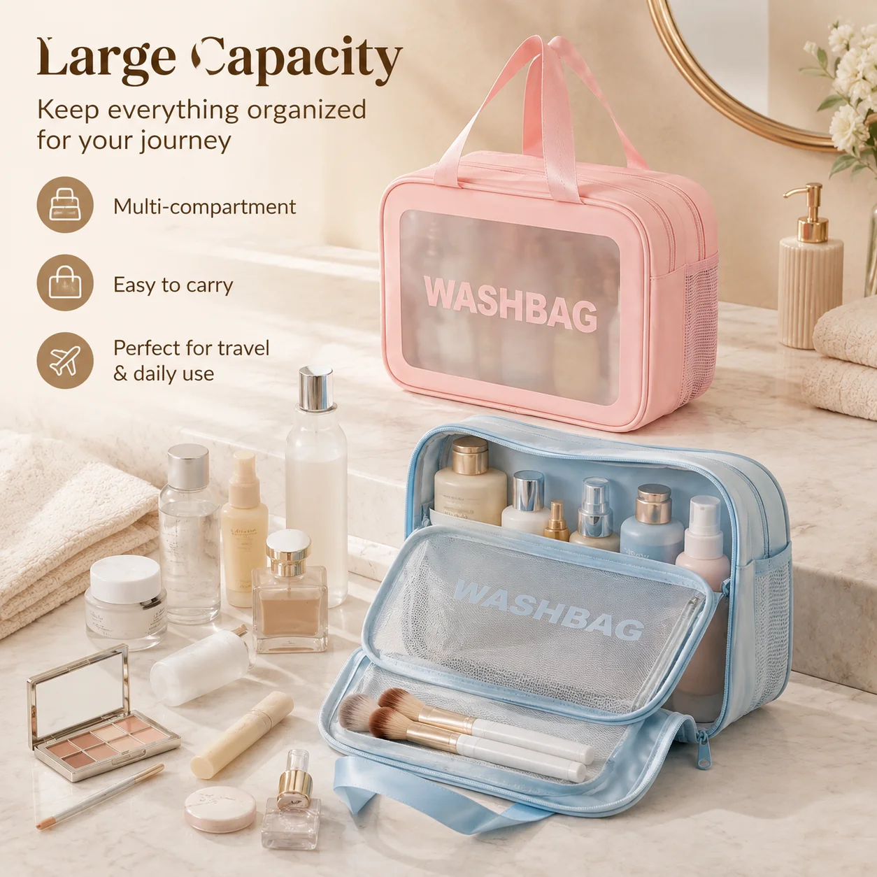 Dry‑Wet Separation Transparent PU Cosmetic Bag Portable Waterproof Makeup Storage Pouch for Travel Fitness Swimming Toiletries