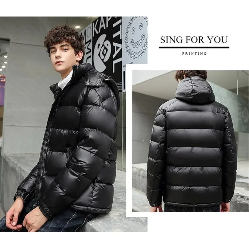 Mens Winter Shiny Down แจ็คเก็ต Mens Casual Hooded เป็ดสีขาวปักเป้าลงเสื้อคุณภาพสูงกลางแจ้งหนา Warm Windproof Outwear