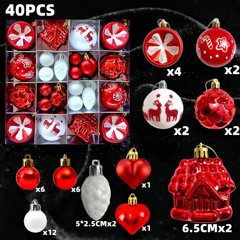 Red Series XMAS Tree Ornament Gift Set Snowflake Bow Star Reindeer Hand Painted Christmas Ball Home Party Indoor Outdoor Use