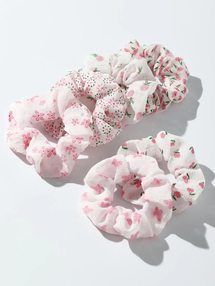 

6pcs Women’s Soft Floral Hair Scrunchies With Pink Cherry, Strawberry & Butterfly Prints—Elastic Ponytail Bands For Spring