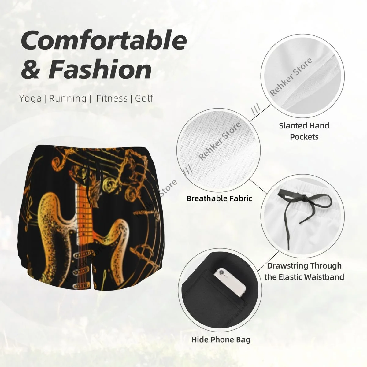 Pantalones cortos de entrenamiento para mujer, pantalones cortos deportivos de secado rápido de doble capa, guitarra, rosas, notas musicales, pantalones cortos atléticos de Yoga, mallas de gimnasio