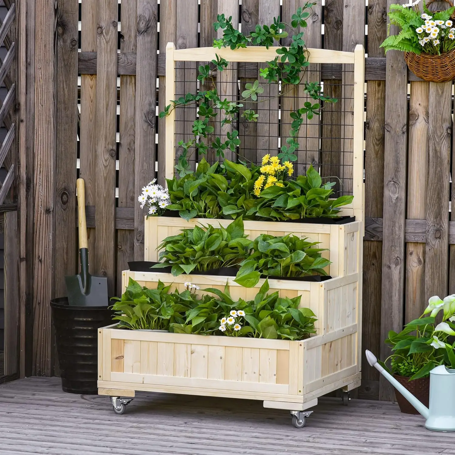 Outsunny-Lit de jardin suréWerà 3 niveaux avec treillis, jardinière verticale de 53 po H avec roues et zone de rangement arrière, pour fleurs