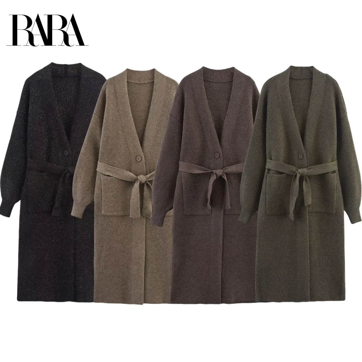

RARA2025 Womens Autumn New Style Belt Decorated Casual Fashion V Neck Long Sleeve Gold Thread Long Knitted Coat Jacket