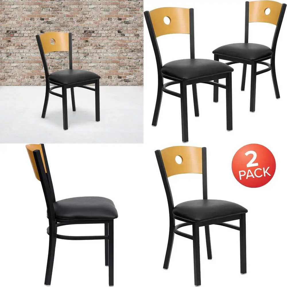 Sillas de restaurante de metal negro serie Hercules con asientos de madera natural y vinilo negro (juego de 2)