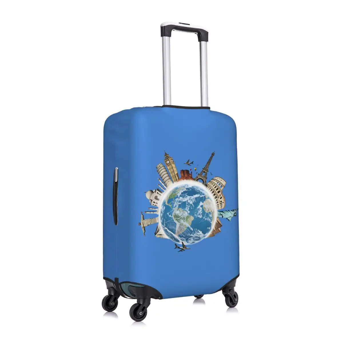 7b50e833Realistic Globe World Landmarks Travel Print Travel Luggage Cover Elastic Suitcase Cover Protector Fit 18-32 Inch