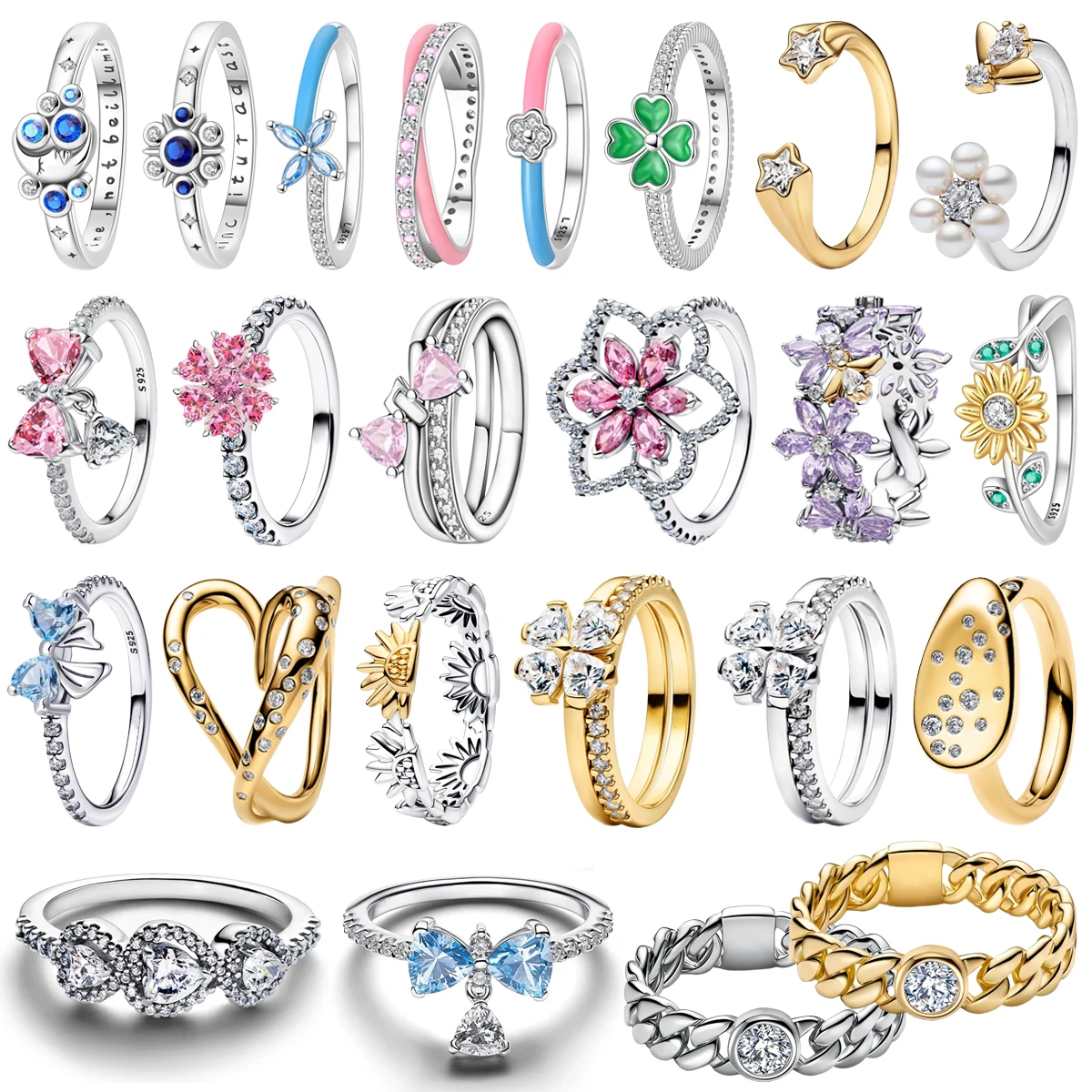 Oferta Imperdível: Anel de Prata 925 com Pérolas Coloridas, Laço, Abelha, Flor e Trevo de Quatro Folhas, Joia Feminina, Presente para o Dia dos Namorados