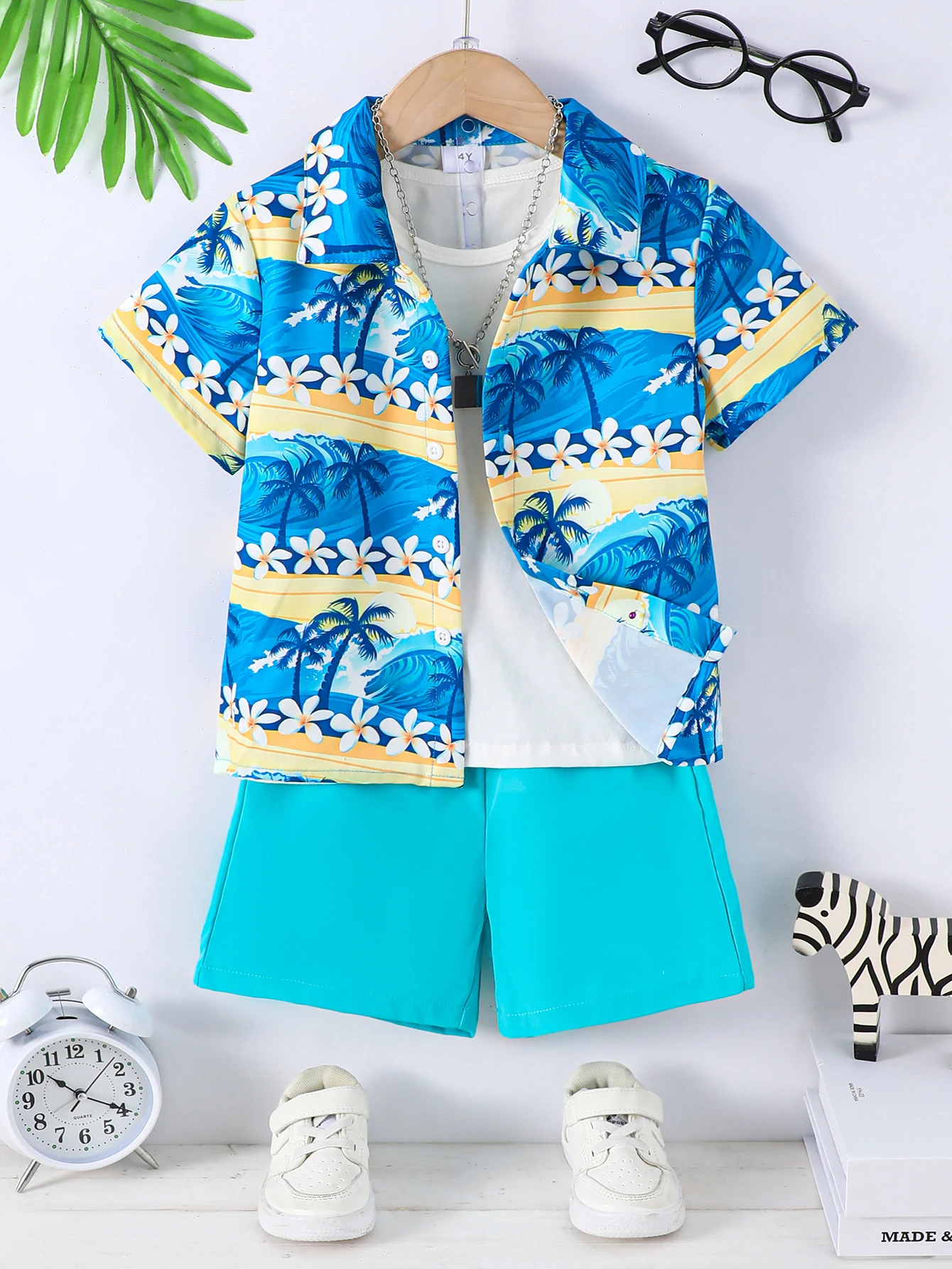 Two-Piece Boys' Short-Sleeved Tropical Shirt And Casual Quarter Pants Summer Style