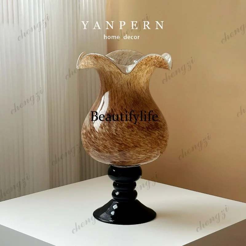 French medieval gold-brown retro lotus leaf edge high-footed glazed vase looks good, living room flower arrangement ornament