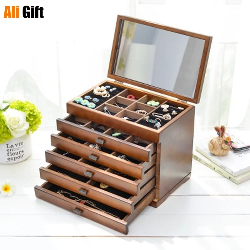 European Style Jewelry Box Wooden Princess with A Mirror Wedding Gift Makeup Case Drawer Organizer Makeup Storage