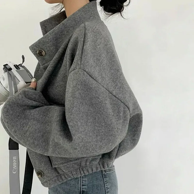 Women's Korean Stand Collar Cropped Woolen Coat Single-Breasted Loose Fit Casual Minimalist Short Jacket Elegant Outerwear