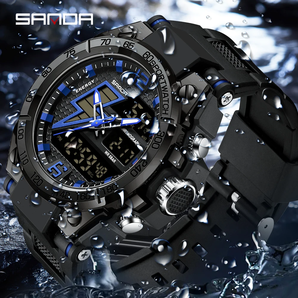 SANDA  6137 Waterproof Outdoor Sports Chronograph Hand Clock Trendy Fashion Men's Led Analog Digital Alarm Wrist Watches