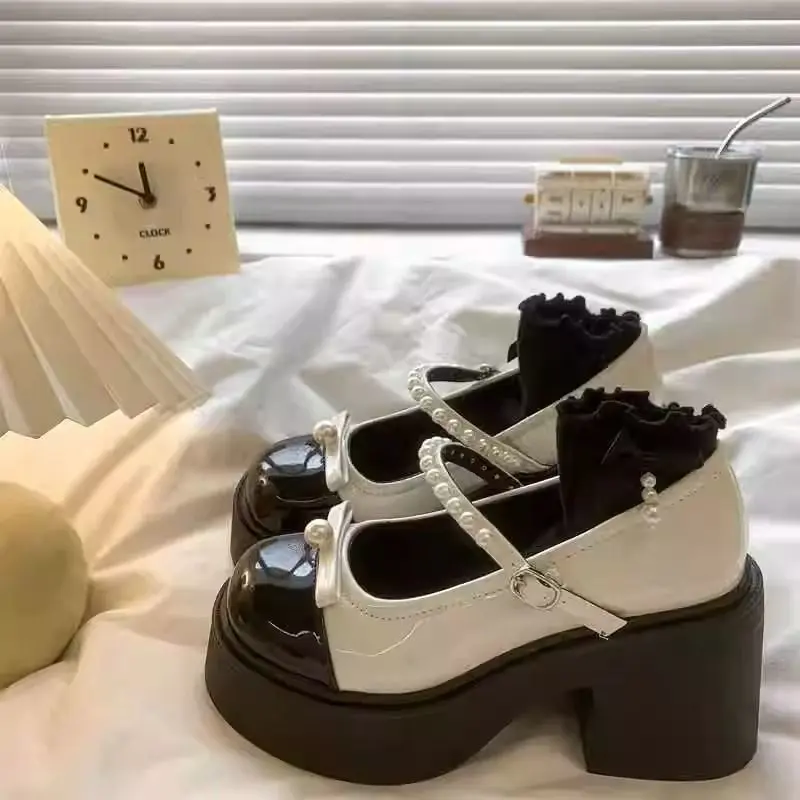 Sapatos Femininos Retro Mary Jane com Salto Grosso, Novo Estilo de Verão, Sapatos JK com Laço de Borboleta em Couro PU, Estil...