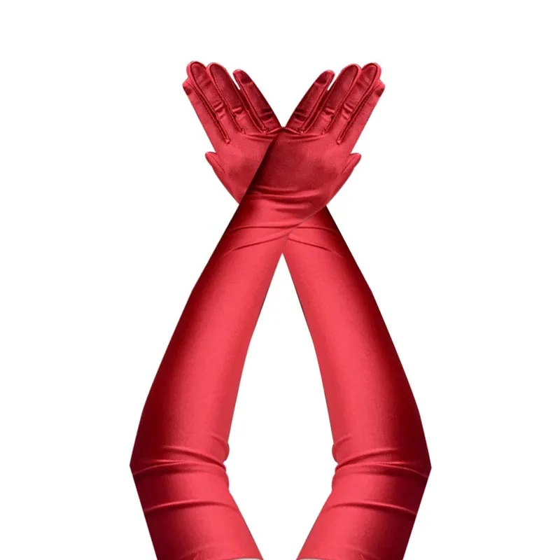 Gants longs en Satin pour adultes, classiques, noirs, blancs, rouges, gris, opéra, coude, poignet, extensibles, à la mode, Costume assorti pour