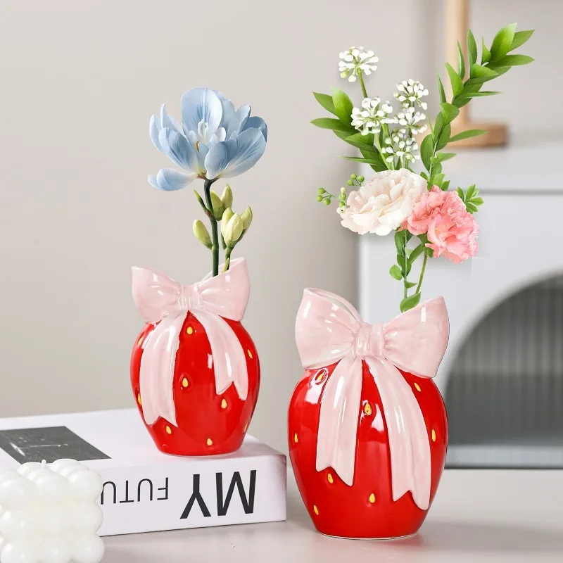 Strawberry-Shaped Ceramic Vase with Bow, Adorable Flower Holder for Dining Table, Kitchen, Shelf, Unique Gift & Home Accent