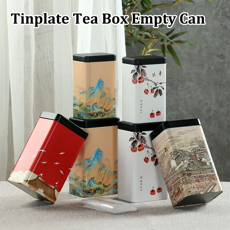 Tea Tin Square Tin Portable Metal Tin Tea Box Storage Portable Chinese Iron Box Tea Sealed Pot Living Room Coffee Table Tea Set