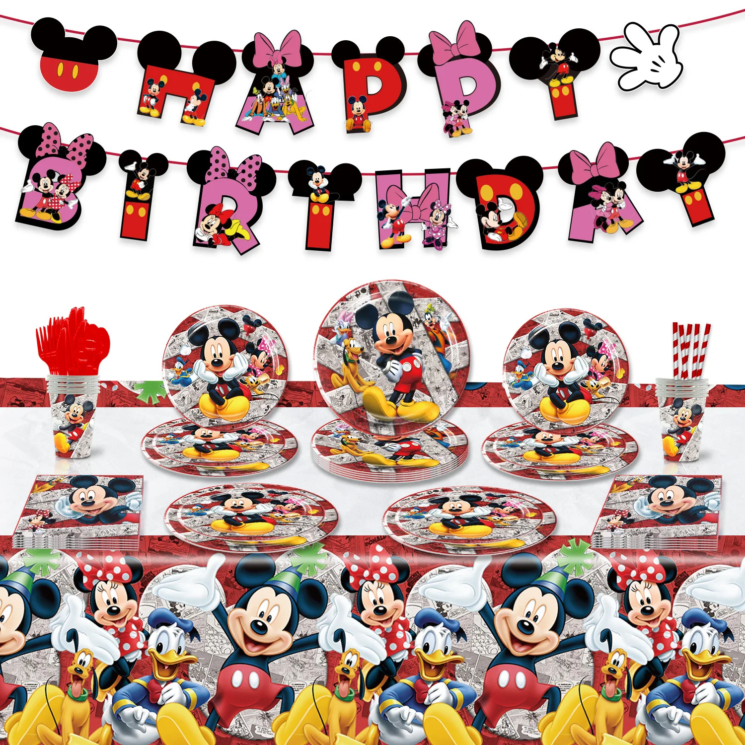 Suministros de decoración de fiesta de Mickey Mouse, taza de papel, plato, mantel, Minnie, Pato Donald, tema de Baby Shower, globos, recuerdos para niños