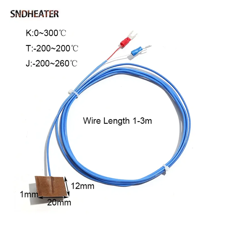 SNDHEATER Type K T J Thermocouple Sensor 1M 2M 3M Wire Surface Mount High Temperature Measurement Sheet 20x12MM