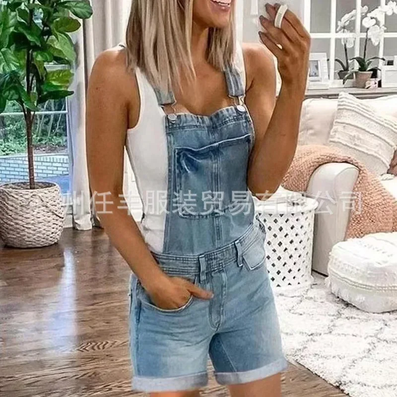 Damskie pajacyki dżinsy kombinezony jednoczęściowe kombinezony sprane spodenki jeansowe guziki luźne, codzienne kieszenie Streetwear Y2k lato
