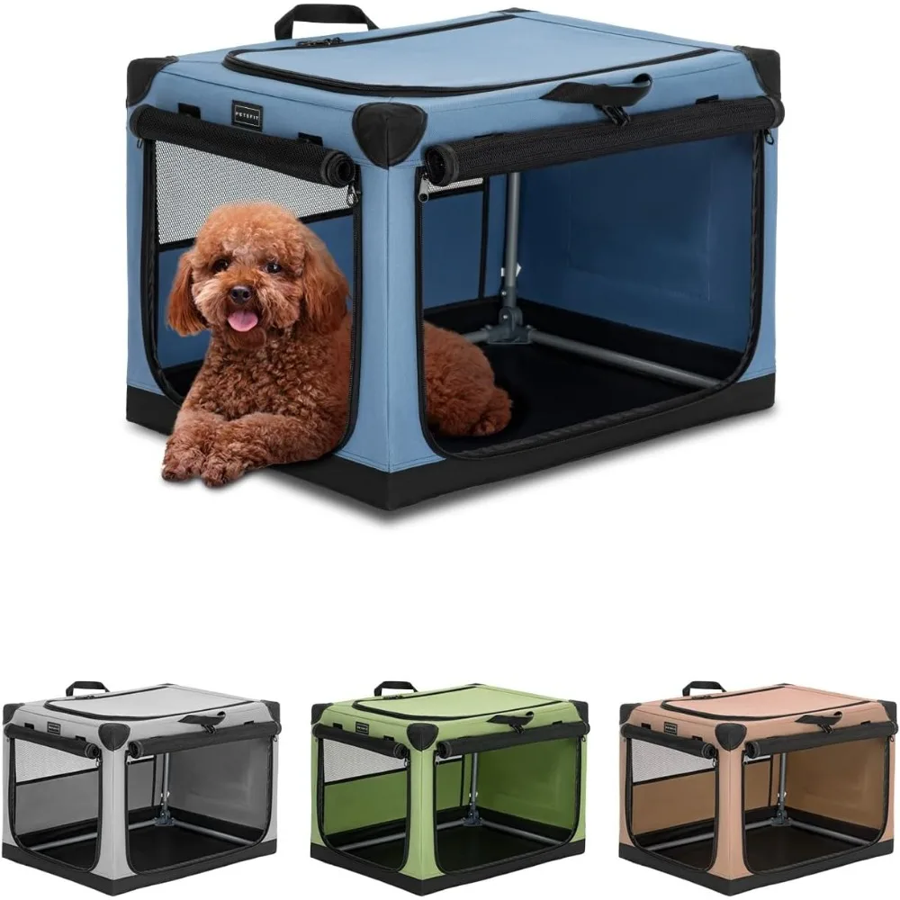 26 Inch Soft Sided Dog Kennel, Adjustable Fabric Cover by Spiral Iron Pipe, Chew Proof 3 Door Design, Portable Collapsible Dog