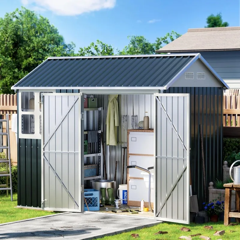 8X6FT Outdoor Steel Storage Shed with Lockable Doors, One Window,Ideal for Garden, Backyard, Patio Storage