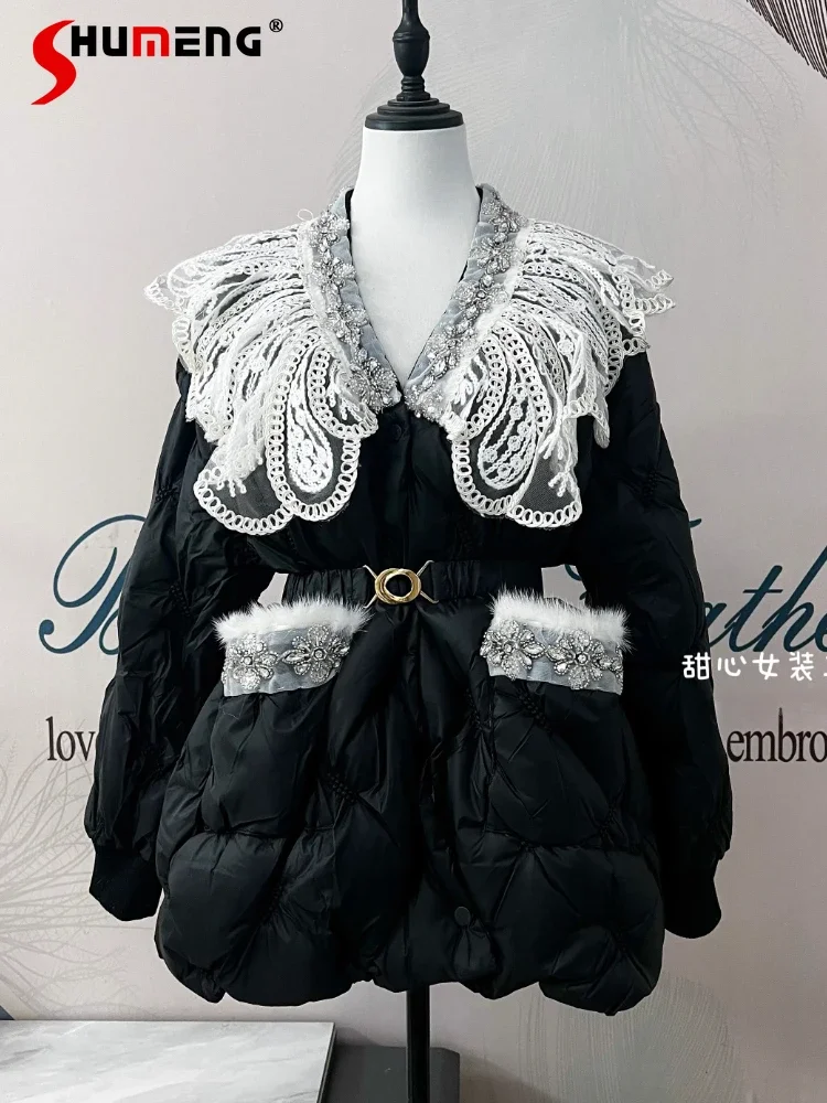 Women's 2024 Winter New Doll Collar Down Coats Feminine Lace Waist-tight White Duck Down Medium and Long Diamond Down Jackets