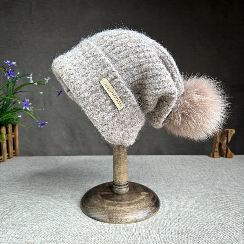 Big head circumference fox fur ball hat women autumn and winter loose warm wool knitted hat ear protection pile hat