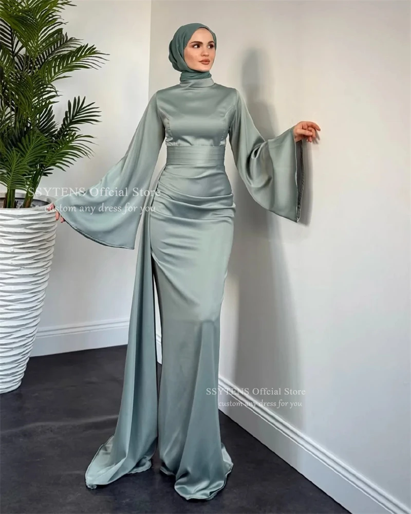 SSYTENS Muslim Mermaid Wedding Dresses Dubai Long Sleeves Bride Gowns Pleat Satin High Neck Elegant Vestidos De Novia Customized