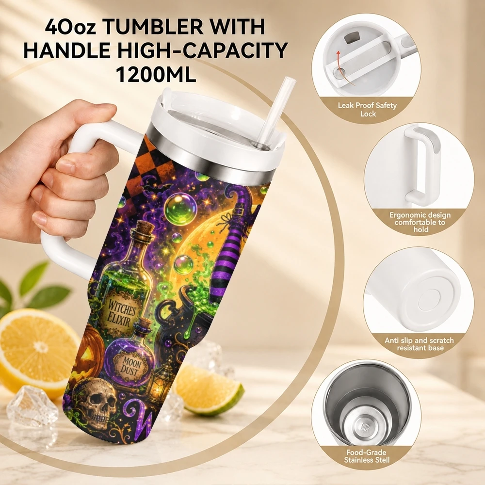 Witch's Magic Cauldron Vacuum Flasks 40oz Stainless Steel Travel Tumbler with Handle Straw Lid Double Wall Vacuum Insulated