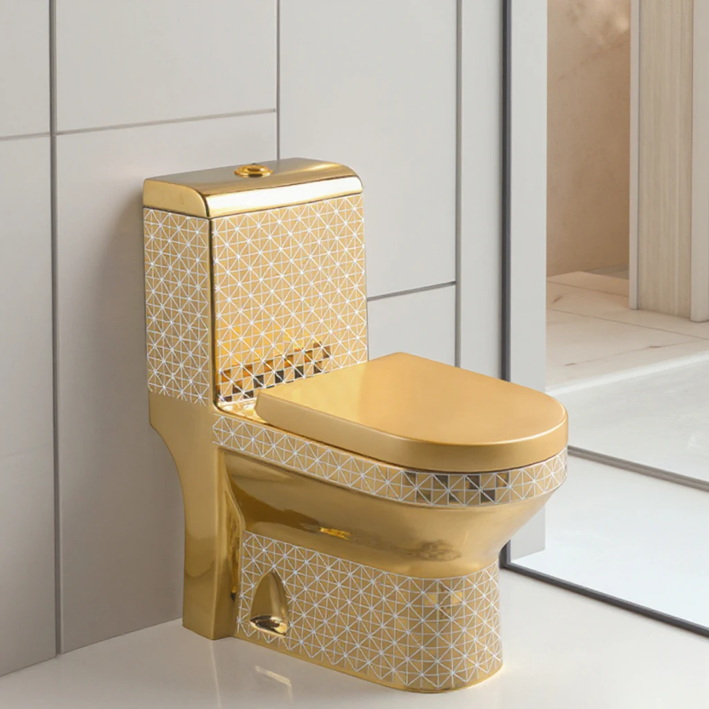 Golden Toilet,Modern One-Piece Ceramic Toilet Bowl With S-Trap Drainage Dual-Flush Floor Mounted White Gold Color
