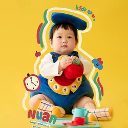 Ropa de fotografía para bebé, conjunto de calcetines y sombreros con estilo de reloj grueso azul, accesorios de fotografía para niños de 3 a 5 meses