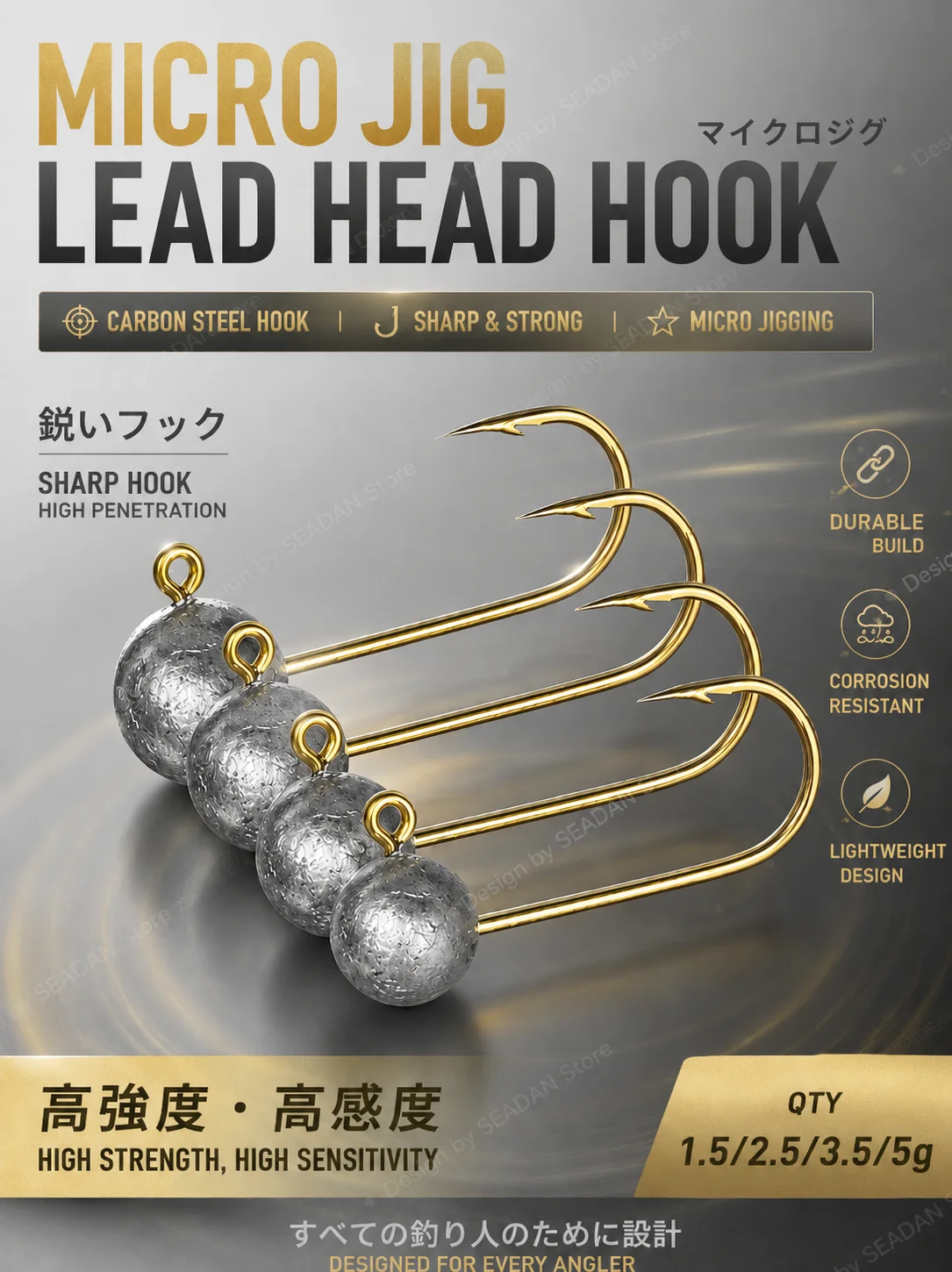 1,5g/2,5g/3,5g/5g Hochkarbon-Stahl Goldener Rock Jigkopf, Rostfrei und Verhakungsresistent für Bachfischen, Passend für T-Tail Curl-Tail Soft Baits – Detail 1