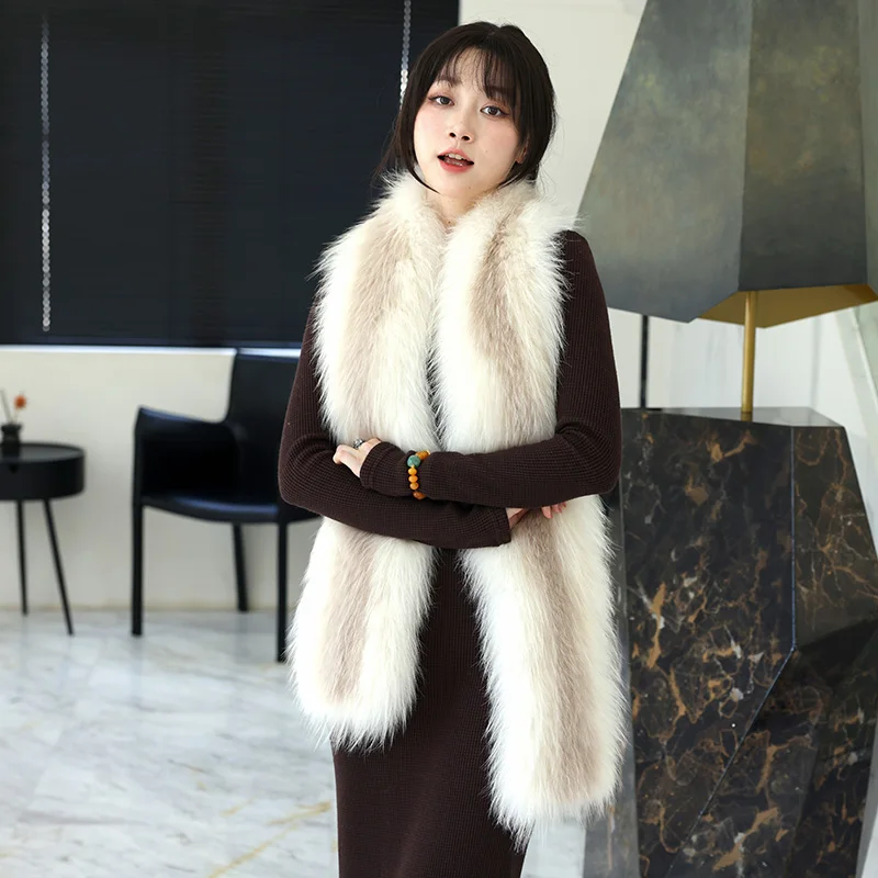 Besfilin Lengthened Natural Real Fox Fur Woven Scarf Collar for Women, Double Sided Knitted, Soft, Keep Warm, Autumn and Winter