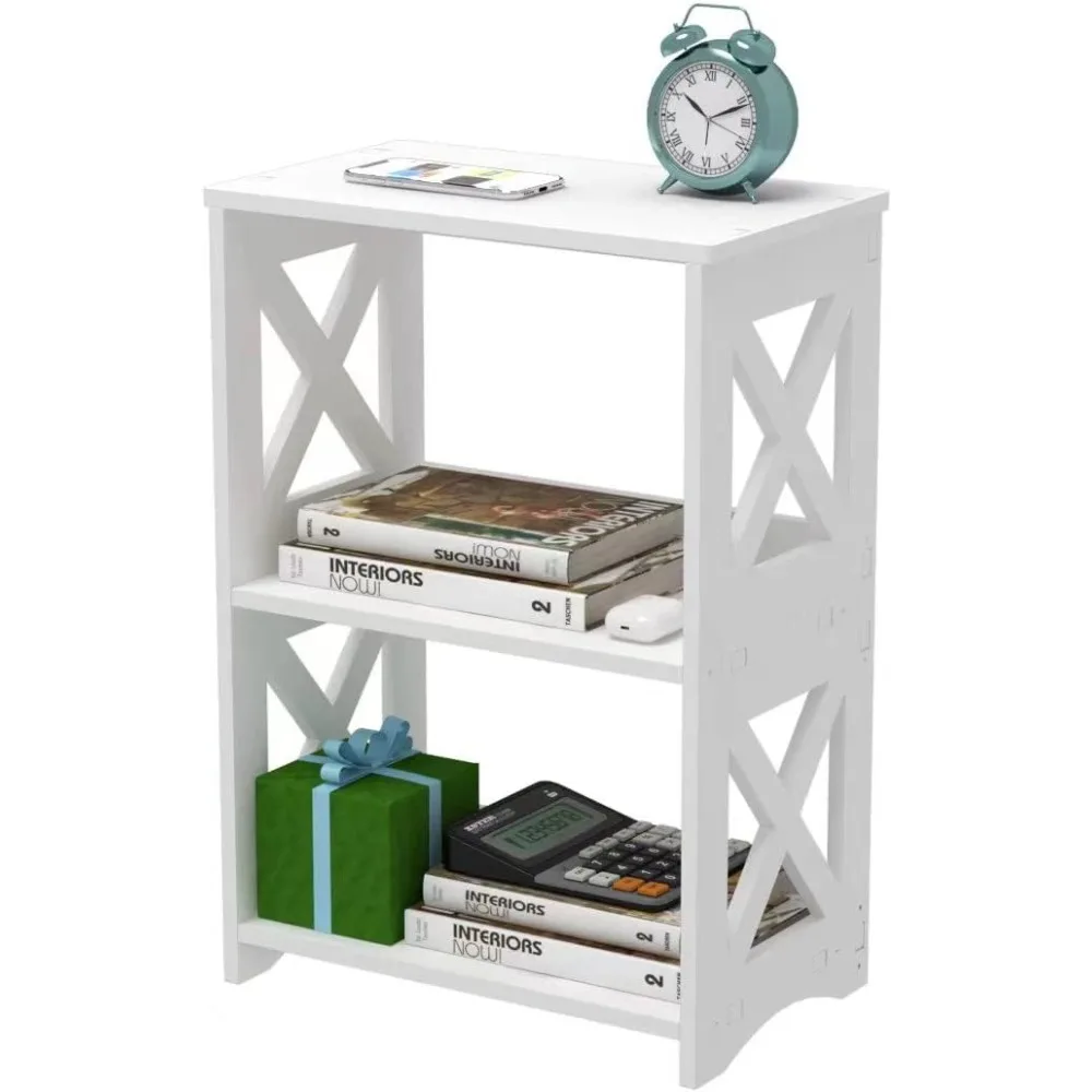 

3-Tiers Side Table, Narrow End Table with Storage Shelf, Simple Bedside Table Nightstand, Small Bookshelf Bookcase, Display Rack