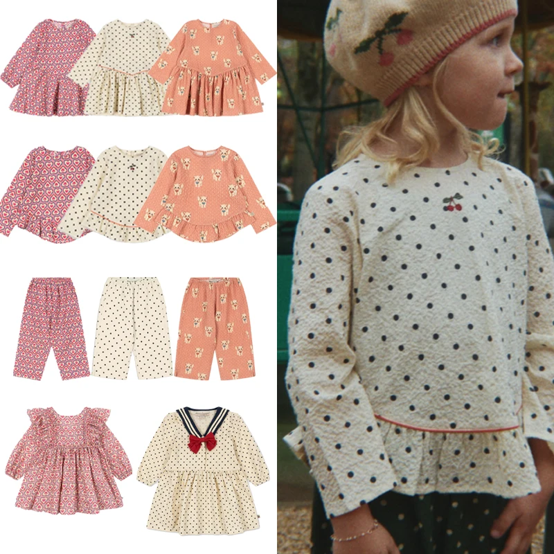 

Комплект для девочек 2026: Новый детский топ в горошек и брюки 9 дюймов, модный комплект с юбкой для малышек