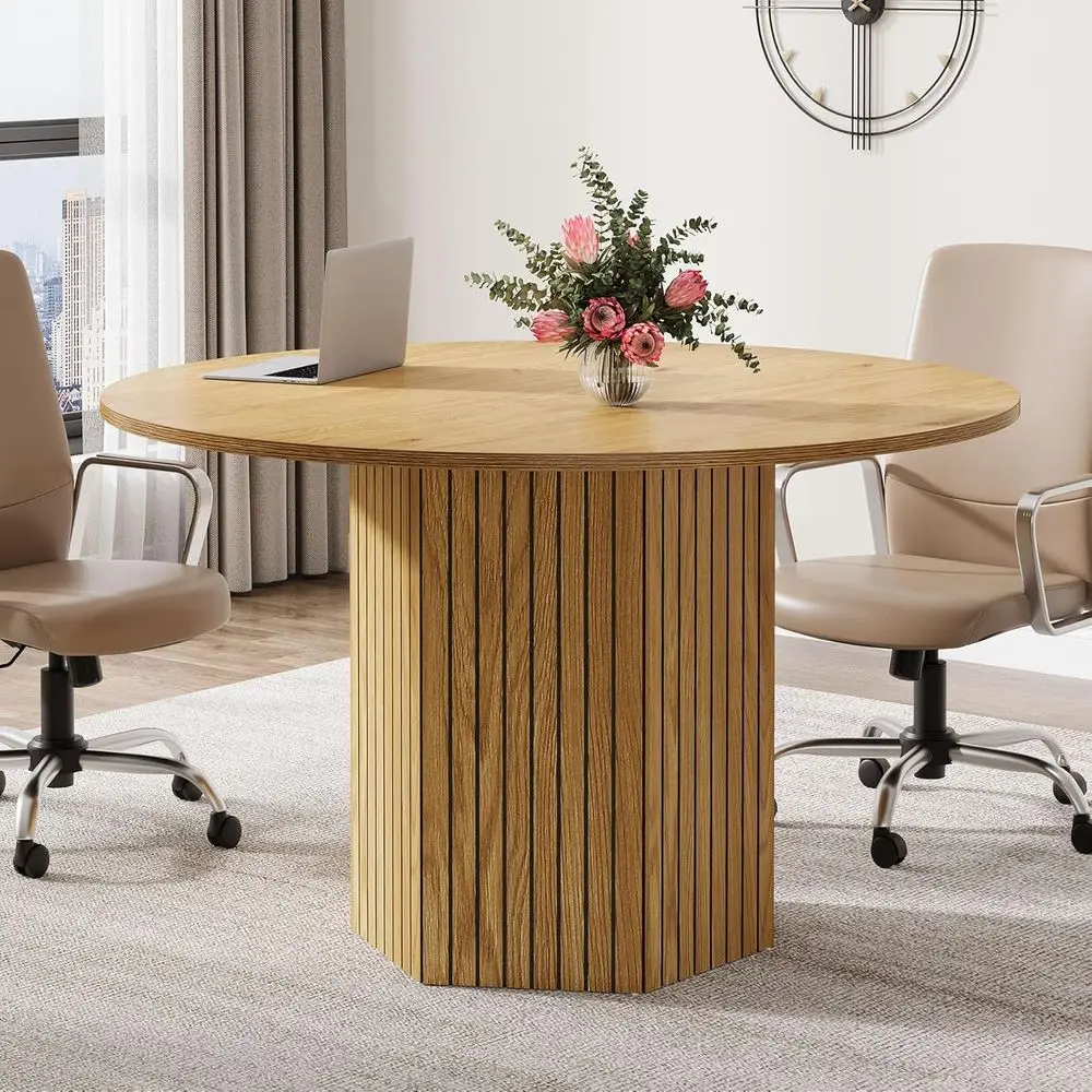 

47 Modern Light Brown Wood Round Table for 4-6, Ideal for Conferences, Meetings & Training