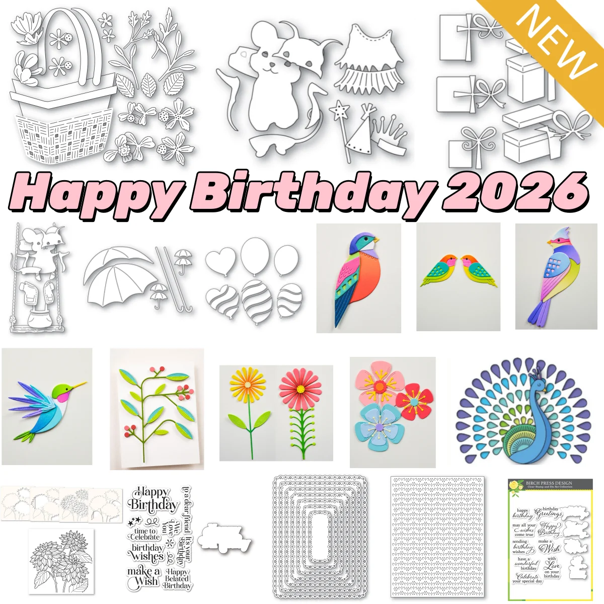 

Happy Birthday 2026 Mouse Balloons Birthday Gift Flower Basket Bird Metal Cutting Dies Hot Foil Stencil for DIY Scrapbook New