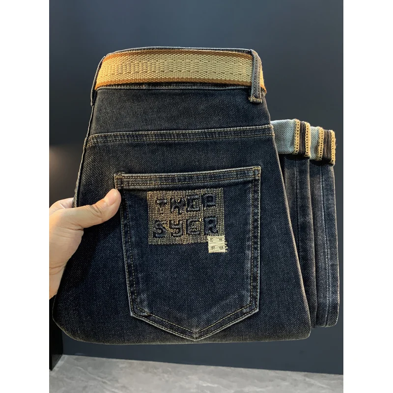 

2025 New Retro Jeans Men's Autumn Embroidered Printed Versatile Street Slimming Elastic Denim Small Foot Pants