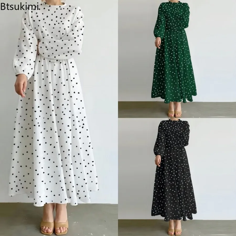 2025 New Style Fashion Muslim Women Casual Loose-Fit Waist-Fitted Long Robe Round Neck Heart-Shaped Printing Long Sleeve Dresses