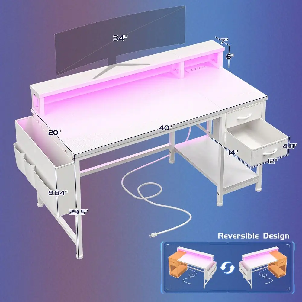 W Computer Desk With LED Strip 2 Drawers Storage Bag Standing Desk With Power Outlets Monitor Stand For Bedroom, Gaming Room,Wh