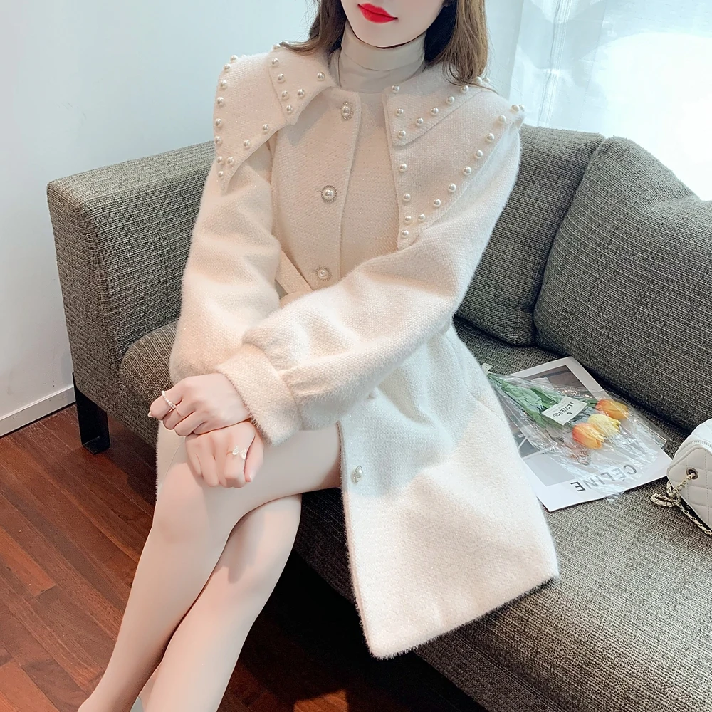 

Winter Woolen Windbreaker Women Overcoat Autumn Winter 2023 Beaded Doll Collar Lace-Up Coat Female Outwea Slim Long Wool Jacket