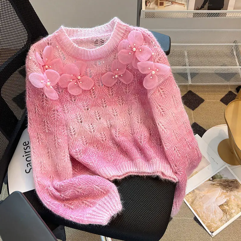 الحلو الزهور سترة المرأة الوردي مطرز الجوف خارج فضفاض س الرقبة محبوك لاعبا موضة ربيع الخريف بأكمام طويلة كسول جميلة #3